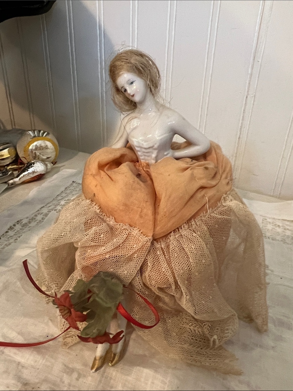 Art Deco Porcelain half doll pin cushion legs